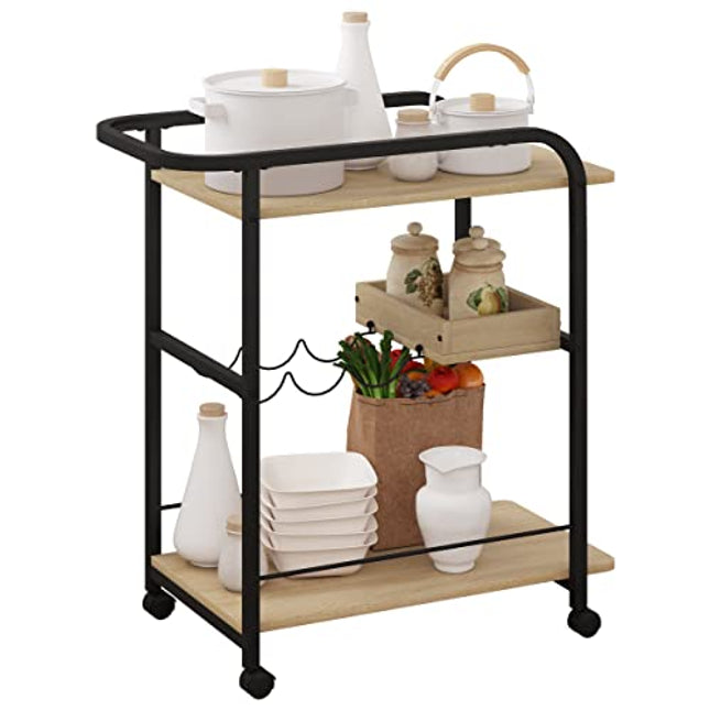 Derins Servierwagen, Küchenwagen auf Rollen, Rollwagen mit 3 Ablagen, Küchenregal mit Arbeitsplatte Griff 2 Bremsen Getränkeregal, aus Metall Holzwerkstoff, Helle Eiche Schwarz RW049she