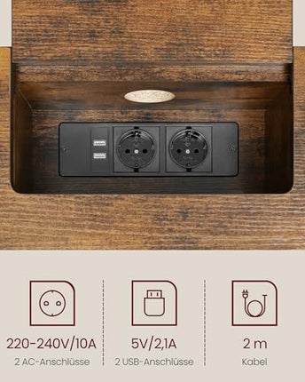 Derins Konsolentisch mit Steckdosen, Beistelltisch mit 2 Fächern, schmal, 25 x 120 x 81 cm, platzsparend, für Eingangsbereich, Wohnzimmer, vintagebraun-tintenschwarz LNT111K01