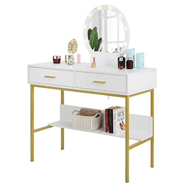 Derins Schminktisch mit Beleuchtung, Kosmetiktisch LED Spiegel, Große Tischplatte 100x40x125cm, Frisiertisch mit 2 Schubladen Ablage,Weiß+Gold MB6091ws