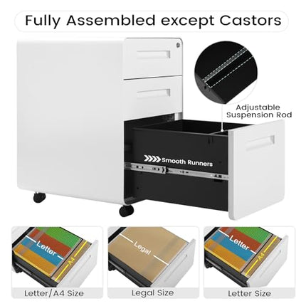 Derins Aktenschrank, Rollcontainer mit 3 Schubladen, Büroschrank unter Schreibtisch, Schubladenschrank abschließbar, Rollschrank mit Hängeregistratur, für Akten Dokumente, weiß, ASK04ws
