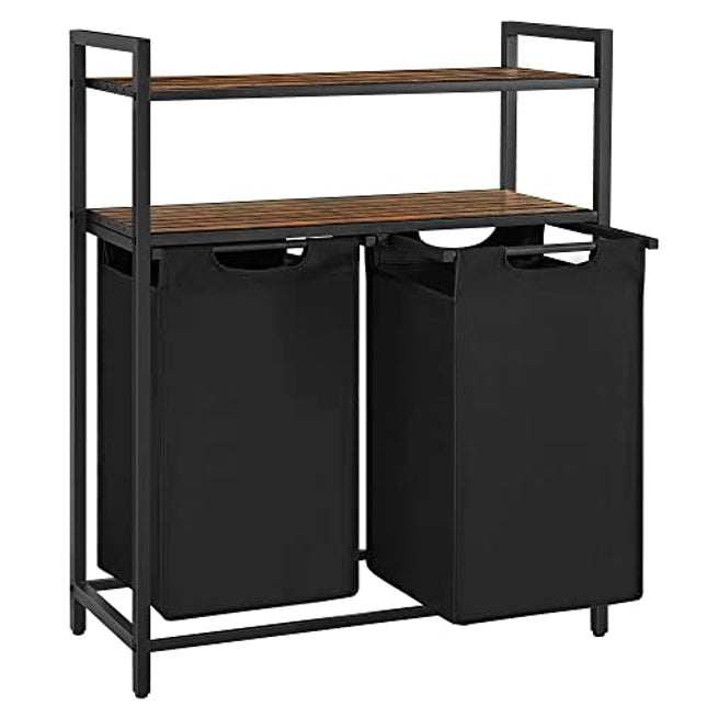 Derins Wäschekorb 2 Fächer, Wäschesammler mit 2 Ablagen, Wäschesortierer, Wäschesack ausziehbar und abnehmbar, pro Tasche 46 Liter, für Badezimmer, Waschküche, vintagebraun-schwarz BLH211B01