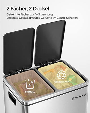 Derins  Mülleimer mit 2 Behältern, 2 x 15 l, Doppelmülleimer, 2 Fächer, mit Inneneimer und Griffen, für Küche, langsamer Verschluss, luftdicht, silberfarben und schwarz LTB30H