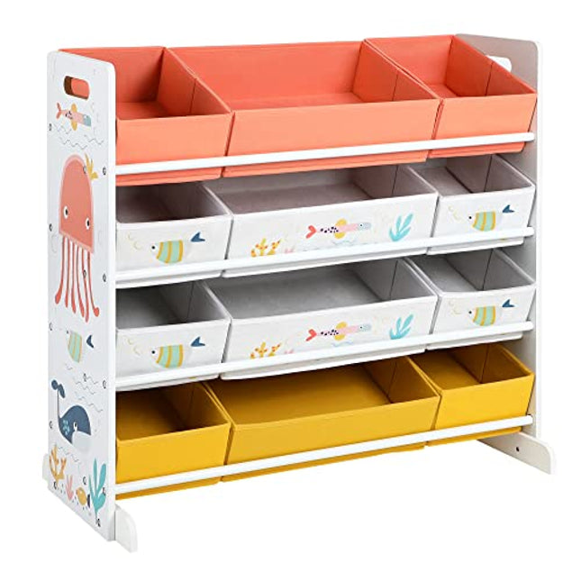 Derins Spielzeugregal, Kinderzimmerregal mit 12 Stoffboxen, für Bücher und Spielzeug, Spielzeug-Organizer, Kinderzimmer, für Kinder, multifunktional, weiß GKRS04WT