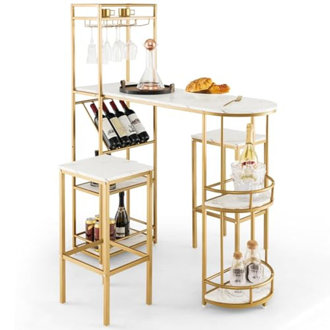 Derins Bartisch Set 3-Teilig, Esstisch mit 2 Barhockern, Thekentisch mit 5 Ablagen & Glashalter & Weinregal, Bistrotisch Set mit Metallgestell, Essgruppe für 2 Personen, Gold+Weiß