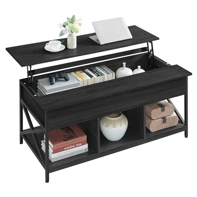 Derins Couchtisch, höhenverstellbarer Wohnzimmertisch, Kaffeetisch, offener und versteckter Stauraum, X-Streben, 60 x 120 x (48-62) cm, anthrazitgrau-schwarz LCT215B22