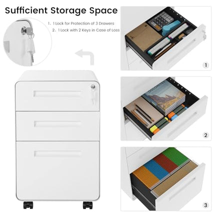 Derins Aktenschrank, Rollcontainer mit 3 Schubladen, Büroschrank unter Schreibtisch, Schubladenschrank abschließbar, Rollschrank mit Hängeregistratur, für Akten Dokumente, weiß, ASK04ws