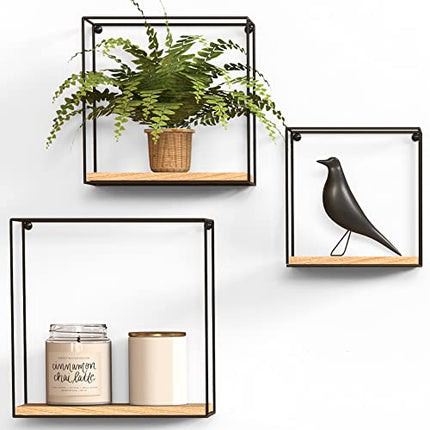 Derins Wandregal Metall Schwarz mit 100% Echtholz - 3 Stück Set - Abmessungen großes Regal 32x32x12 cm - Leicht zu Hängen, Gebaut für die Dauer - Deko Wandregal Schwarz - Kleines Wandregal