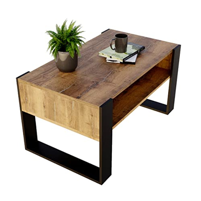 Derins KARO 92 rechteckiger Kaffeetisch aus Holz Modern Teetisch 92 x 53,6 x 45cm massiv und stabil (Retro Eiche/Schwarz)