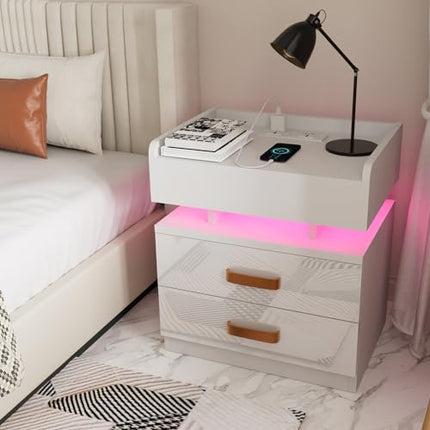 Derins  Nachttisch Weiß, Nachttische mit 2 Schubladen, Nachttische mit Offenen Fächern Hochglanz Front, Nachttisch Einstellbare Farben, Modern Nachttisch 45x35x52cm für Wohnzimmer Schlafzimmer