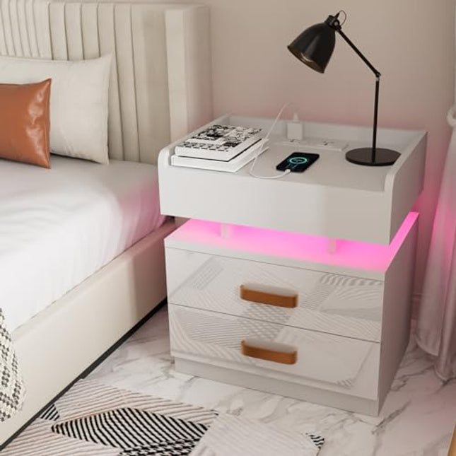 Derins  Nachttisch Weiß, Nachttische mit 2 Schubladen, Nachttische mit Offenen Fächern Hochglanz Front, Nachttisch Einstellbare Farben, Modern Nachttisch 45x35x52cm für Wohnzimmer Schlafzimmer