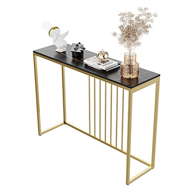 Derins Konsolentisch Marmor Gold Schmal: Skandinavisch Eingangtisch mit Gold Metallgestell - Flurtisch für Schlafzimmer Wohnzimmer 100×30×79cm Schwarz