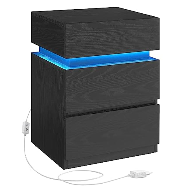 Derins Nachttisch mit LED-Beleuchtung, Beistelltisch, einstellbare Farben, Sofatisch 3 Schubladen, Nachtschrank Schlafzimmer, modern, 35 x 40 x 55 cm, schwarz mit Holzmaserung LET630T56