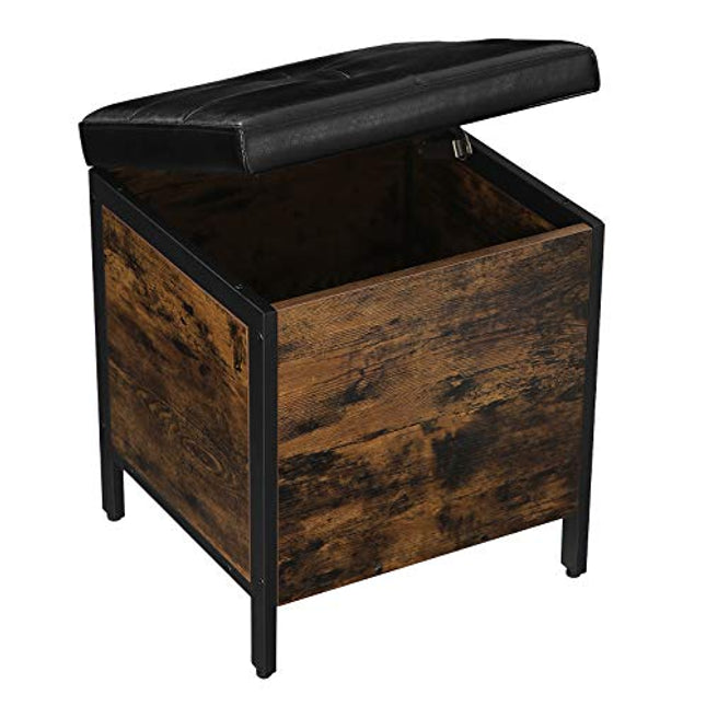 Derins  Sitzhocker, Sitzbank, Betttruhe mit Stauraum, gepolsterte Truhe, Flur, Schlafzimmer, Wohnzimmer, Metall, einfacher Aufbau, Kunstleder, Industriestil, vintagebraun-schwarz LSB50BX