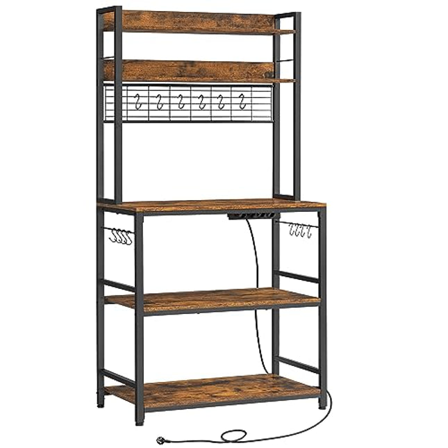 Derins Küchenregal, Standregal mit Steckdosen, Mikrowellen-Regal, mit Gitterplatte, 14 Haken, 40 x 80 x 170 cm, vintagebraun-schwarz KKS025B01EU