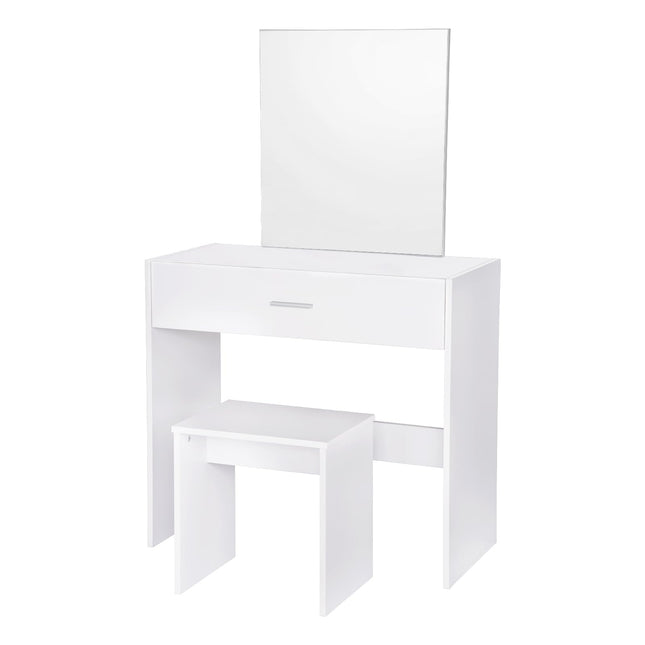 Derins Schminktisch mit Spiegel und Hocker, Kosmetiktisch mit Schublade, Frisiertisch Kommode Weiß für Schlafzimmer, 82x39x132cm, Holz, MB6043ws