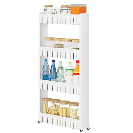 Derins Küchenwagen mit 4 Ebenen, schmaler Rollwagen, Nischenwagen Küche, Nischenregal auf Rollen, Badrollwagen Badregal, 13 x 102 x 54 cm, Weiß, RGB36ws