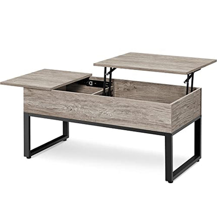 DerinsCouchtisch mit höhenverstellbarer Platte Lift Top Kaffeetisch Wohnzimmertisch getrennt versteckter Stauraum Sofatisch Metallrahmen robust Gray