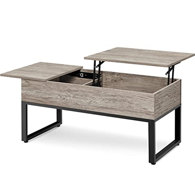 DerinsCouchtisch mit höhenverstellbarer Platte Lift Top Kaffeetisch Wohnzimmertisch getrennt versteckter Stauraum Sofatisch Metallrahmen robust Gray