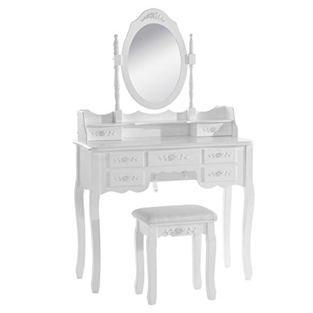 Derins Schminktisch Kosmetiktisch Frisiertisch mit Spiegel und Hocker 7 Schubladen MDF und massives Kiefernholz Weiß 90 x 144,5 x 40cm(B x H x T) MB6026cm