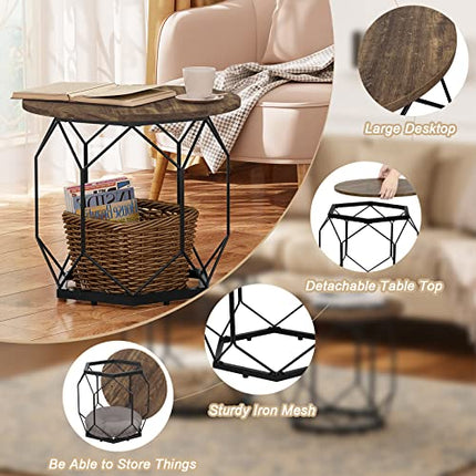 Derins Couchtisch 2er Set, Beistelltisch mit runder Tischplatte, Sofatisch mit hohlem Metallrahmen, Wohnzimmertisch mit Stauraum, aus Holzwerkstoff Metall, Holzoptik Vintage + Schwarz, BTS05hov