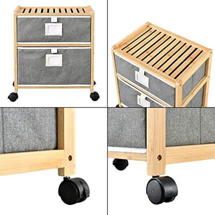 Derins Bambus Beistelltisch Noorliit mit 2 Schubladen Nachttisch mit Stauraum Regal mit Körben rollbar Natur/Grau