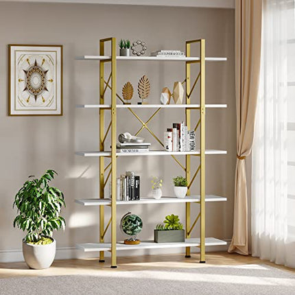 Derins Bücherregal mit 5 Etagen, Kunstvoll Moderne Freistehende Bücherregale und Standregal 120 x30 x180cm, Lagerregale im Wohnzimmer Heimbüro, Gold und Weiß
