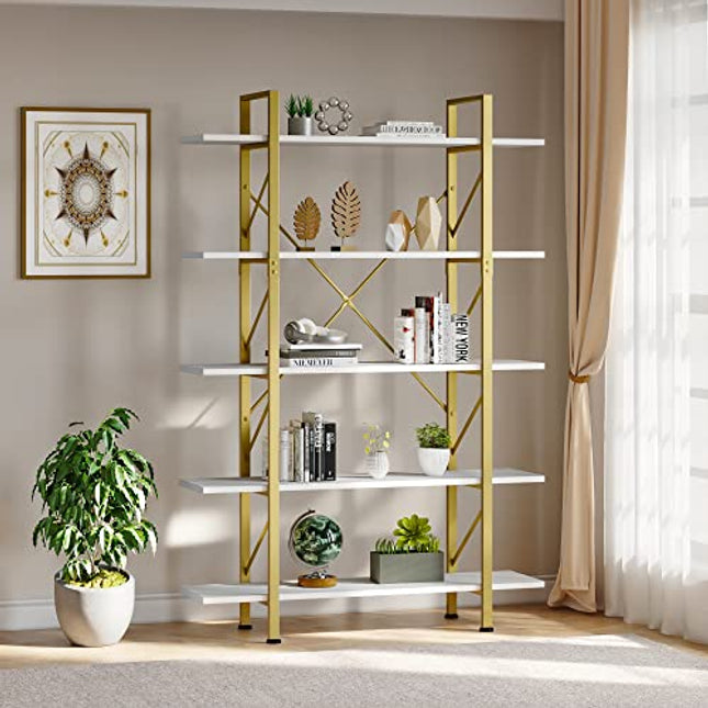 Derins Bücherregal mit 5 Etagen, Kunstvoll Moderne Freistehende Bücherregale und Standregal 120 x30 x180cm, Lagerregale im Wohnzimmer Heimbüro, Gold und Weiß