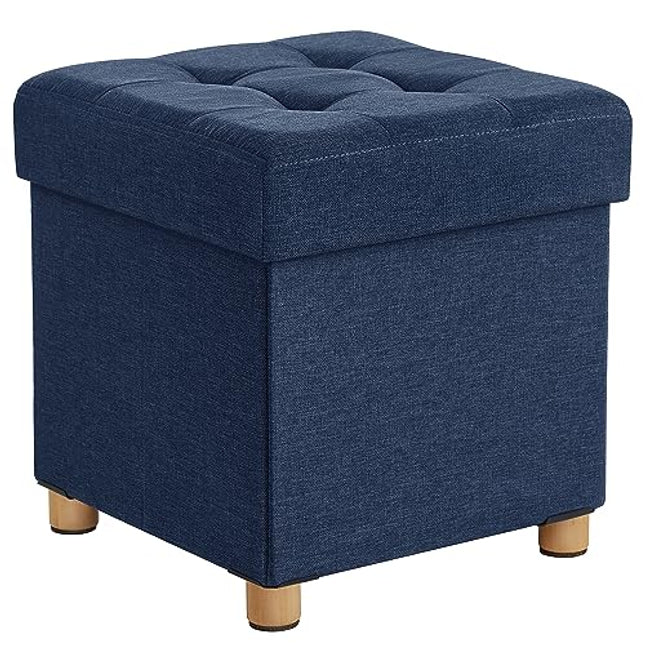 Derins Sitzbank mit Stauraum, Schuhbank, klappbare Sitztruhe, Aufbewahrungsbox, Fußbank, 38 x 38 x 40 cm, für Wohnzimmer, Schlafzimmer, dunkelblau LSF14IN