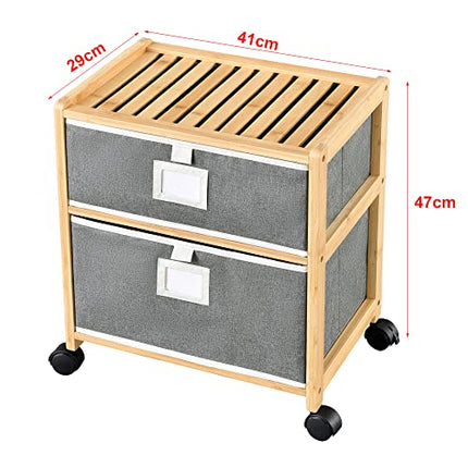 Derins Bambus Beistelltisch Noorliit mit 2 Schubladen Nachttisch mit Stauraum Regal mit Körben rollbar Natur/Grau