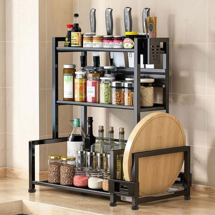 Derins Gewürzregal Stehend,3 Etagen Großes Fassungsvermögen Gewürzdosen Küchenregal,Metall Organizer für Arbeitsplatte Aufbewahrung mit Utensilienhalter,Schneidebretthalter,mit 6 Haken,Schwarz