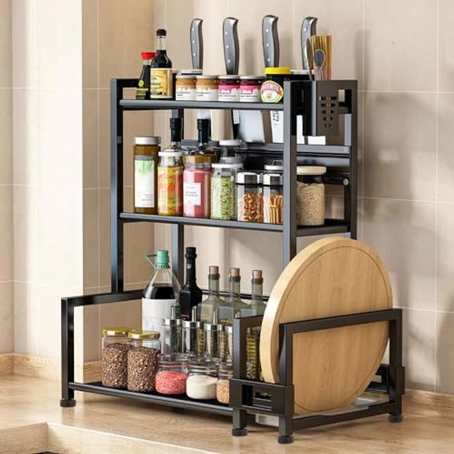 Derins Gewürzregal Stehend,3 Etagen Großes Fassungsvermögen Gewürzdosen Küchenregal,Metall Organizer für Arbeitsplatte Aufbewahrung mit Utensilienhalter,Schneidebretthalter,mit 6 Haken,Schwarz