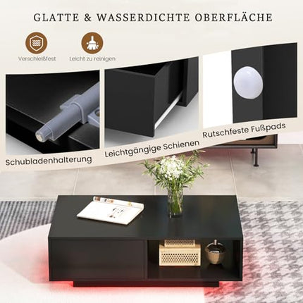 DerinsCouchtisch mit Led & Fernbedienung, 20 Lichtfarben & Helligkeit einstellbar, Beistelltisch mit Schublade & offenem Stauraum, Kaffeetisch, Sofatisch für Wohnzimmer, 95 x 55 x 31cm (Schwarz)