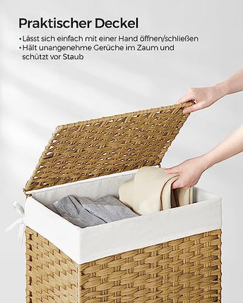 Derins Wäschekorb 90 Liter, handgeflochten, Wäschesammler aus synthetischem Rattan, mit Deckel und Griffen, faltbar, Wäschesack herausnehmbar, naturfarben LCB51NL
