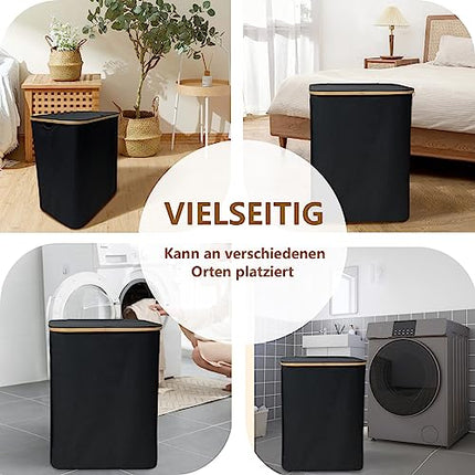 Derins Große Faltbarer Wäschekorb mit Deckel 3 facher Abnehmbarer Wäschesack,Waschekorbsammler，Wäschebox Wäschetonne，Faltbarer Bambus-Wäschesortierer，laundry baskets，körbe aufbewahrung (160L Schwarz)