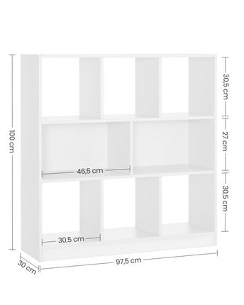 VASAGLE Bücherregal, Würfelregal, unteres Regal, mit offenen Fächern, für Wohnzimmer, Arbeitszimmer, Kinderzimmer, Büro, als Raumteiler, 97,5 x 30 x 100 cm, weiß LBC52WT
