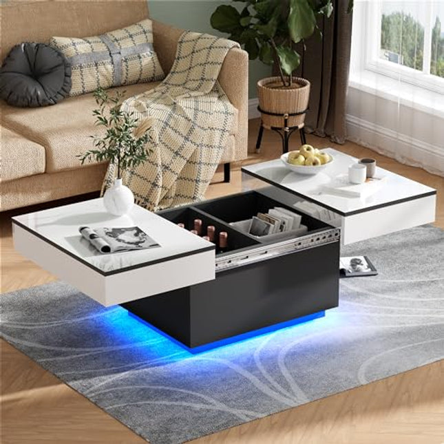 Derins Couchtisch Weiß Hochglanz mit LED,Ausziehbarer Couchtisch,Hochglanz-Finish,Wohnzimmertisch mit 2 Stauräume,LED-Couchtische für Wohnzimmer mit 20 Farben Leuchten,Mitteltisch,80 * 58 * 40cm