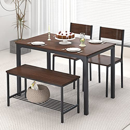 Derins Essgruppe Esstisch Set 4-teilig Esszimmertisch Möbel Tisch Set 2 Stühlen und Sitzbank mit Ablage aus Holz und Stahlgestell für Esszimmer Küche