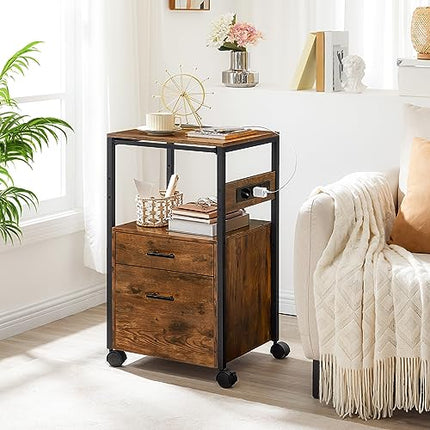 Derins Aktenschrank, Rollcontainer mit 2 Schubladen, Büroschrank mit Ladestation, und offenen Trennwänden, für Dokumente in A4-, Letter, für Büro, Arbeitszimmer, Marrone Vintage e Nero EBF80CWJ01