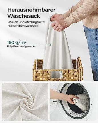 Derins Wäschekorb 90 Liter, handgeflochten, Wäschesammler aus synthetischem Rattan, mit Deckel und Griffen, faltbar, Wäschesack herausnehmbar, naturfarben LCB51NL