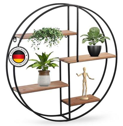 Derins Wandregal rund | 60cm x 60 cm | Robustes deko Regal aus Metall und Vier Holz Ebenen