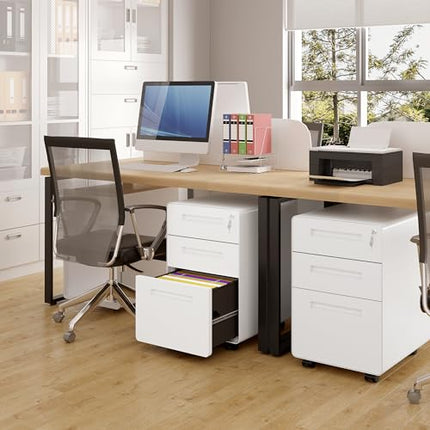 Derins Aktenschrank, Rollcontainer mit 3 Schubladen, Büroschrank unter Schreibtisch, Schubladenschrank abschließbar, Rollschrank mit Hängeregistratur, für Akten Dokumente, weiß, ASK04ws