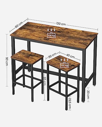 Derins Bartisch-Set, Stehtisch mit 2 Barhockern, 120 x 60 x 90 cm, Küchentresen mit Barstühlen, Küchentisch und Küchenstühle im Industrie-Design, für Küche, vintagebraun-schwarz LBT15X
