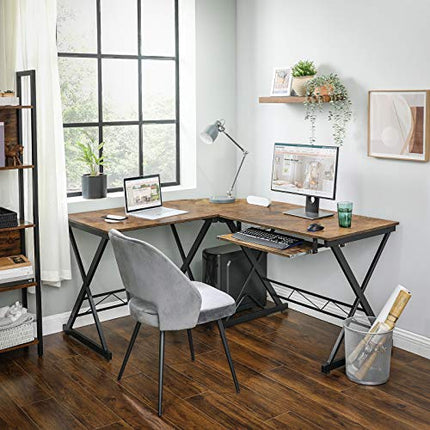 Derins Schreibtisch, großer Computertisch, L-förmiger Eckschreibtisch, PC-Tisch, platzsparend, einfache Montage, 138 x 150 x 75 cm, vintagebraun-schwarz LCD402B01