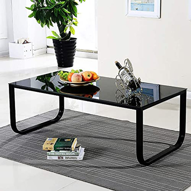 Derins Couchtisch Glas Schwarz Beistelltisch mit Metallrahmen Moderne Wohnzimmertisch Kaffeetisch Glastisch für Wohnzimmer Sofa 100 x 50 x 42cm