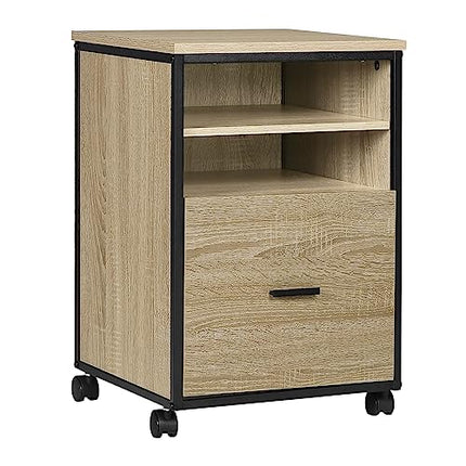 Derins Rollcontainer, mobiler Aktenschrank mit 2 offenen Fächern, Büroschrank mit Schublade Hängeregistratur, Bürocontainer für Akten Dokumente, aus Holzwerkstoff, 40x60x40 cm, helle Eiche, ASK02hei