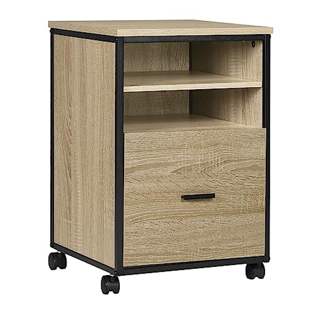 Derins Rollcontainer, mobiler Aktenschrank mit 2 offenen Fächern, Büroschrank mit Schublade Hängeregistratur, Bürocontainer für Akten Dokumente, aus Holzwerkstoff, 40x60x40 cm, helle Eiche, ASK02hei