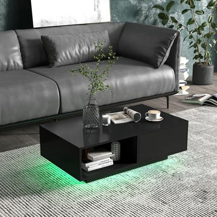 DerinsCouchtisch mit Led & Fernbedienung, 20 Lichtfarben & Helligkeit einstellbar, Beistelltisch mit Schublade & offenem Stauraum, Kaffeetisch, Sofatisch für Wohnzimmer, 95 x 55 x 31cm (Schwarz)