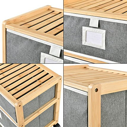 Derins Bambus Beistelltisch Noorliit mit 2 Schubladen Nachttisch mit Stauraum Regal mit Körben rollbar Natur/Grau