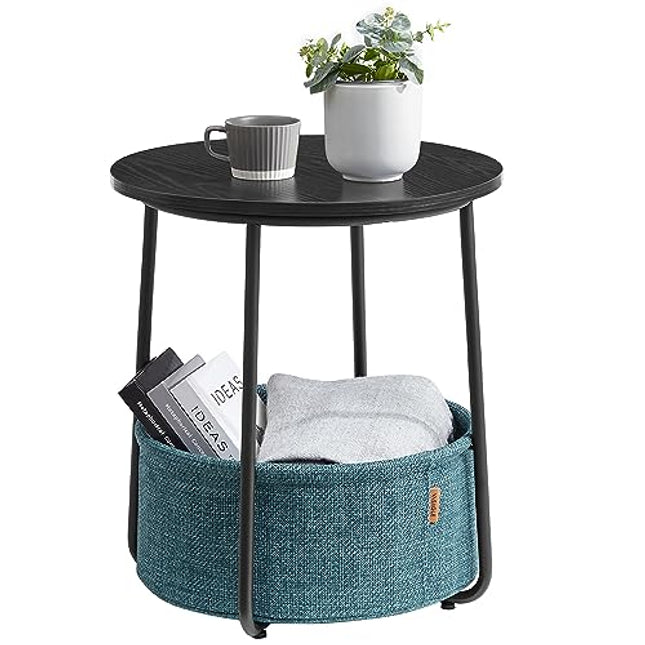 Derins Beistelltisch rund, Kleiner Tisch, Couchtisch, Wohnzimmertisch mit Korb aus Stoff, Stauraum für Wohnzimmer, Schlafzimmer, Nachttisch modern, Schwarze Holzoptik-dunkeltürkis LET223B56