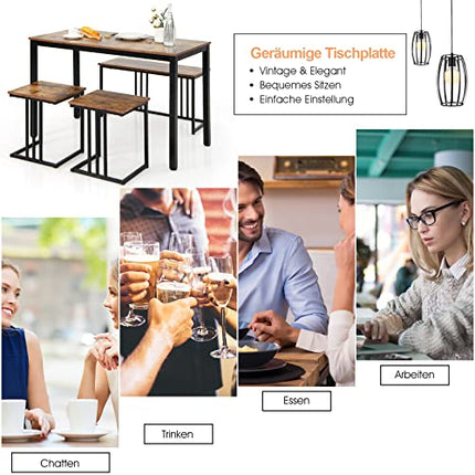 Derins 4 TLG. Essgruppe Set für 4 Personen, Küchentisch mit Bank und 2 Hockern, Esszimmertisch Set mit Metallrahmen, industriell